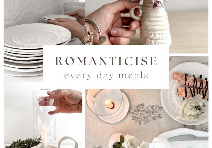 Four-panel collage of an everyday table setting — stacked lace plates, lilac in a ceramic bud vase, a lit taper hurricane — titled Romanticise Every Day Meals