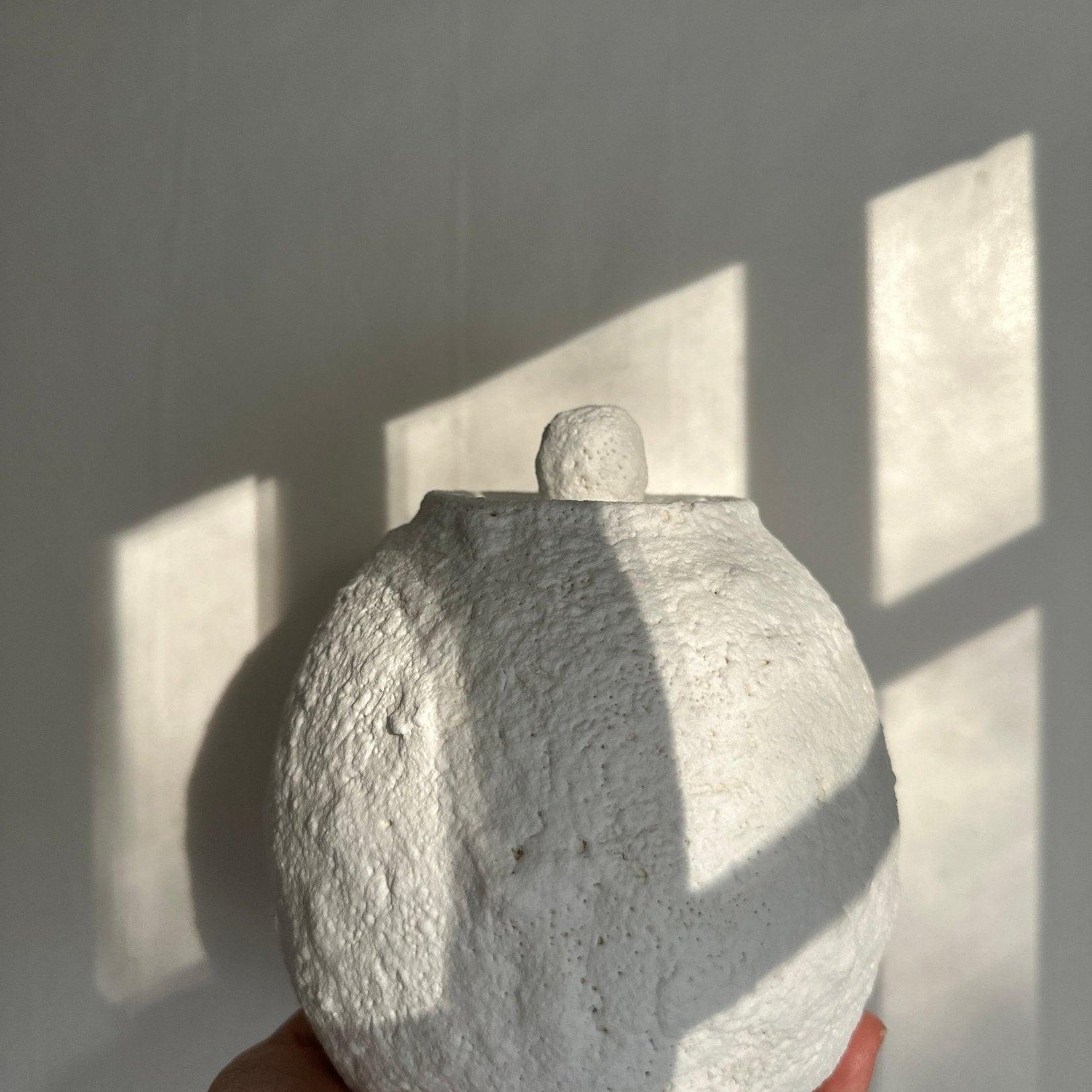 One-of-a-kind handmade ceramic lidded moon jar in textured white