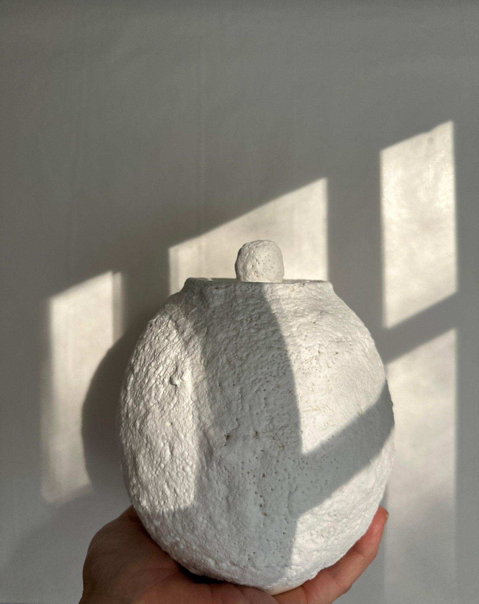 One-of-a-kind handmade ceramic lidded moon jar in textured white