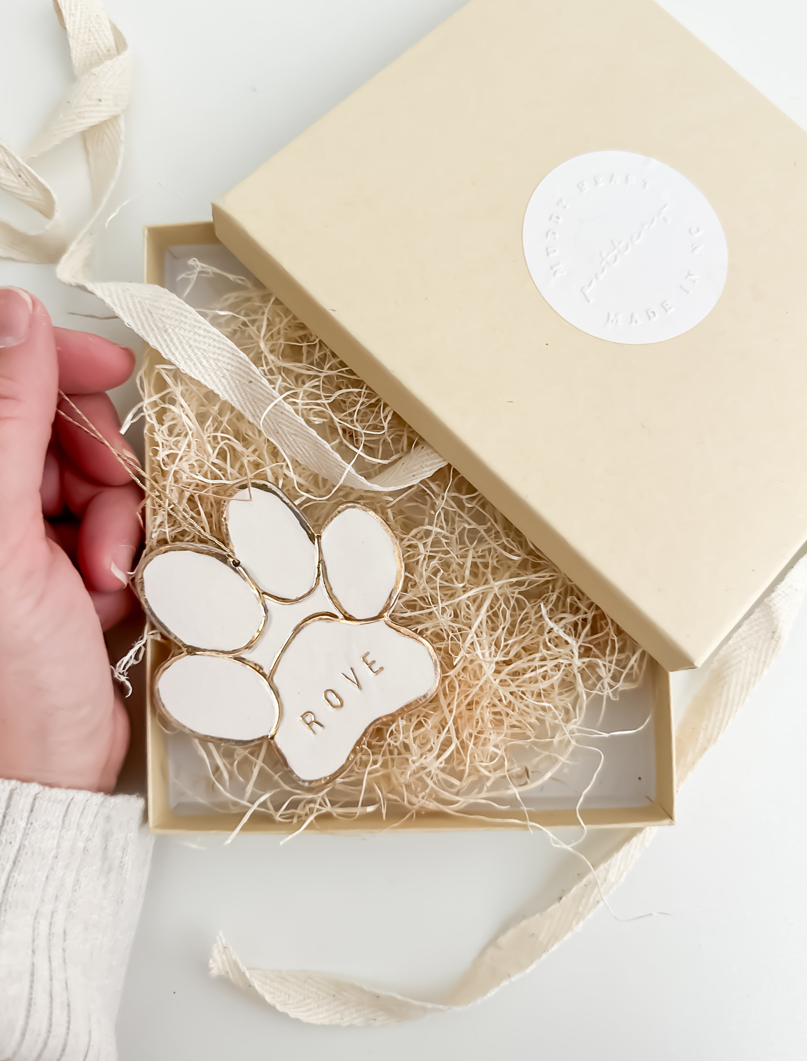 Handmade porcelain pet paw ornament with 22K gold luster by Muddy Heart