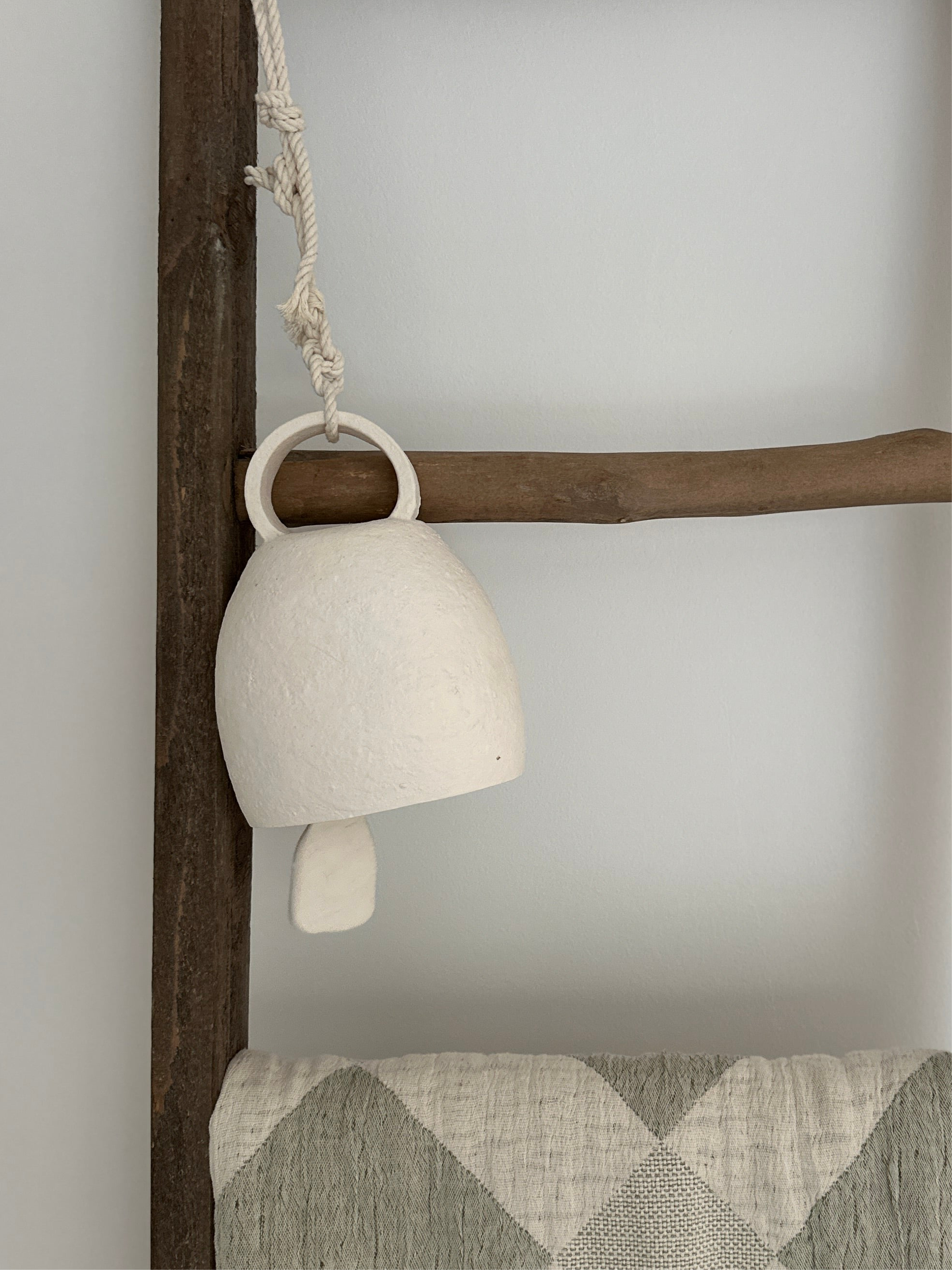 Handmade round-handled ceramic bell with cotton rope and stoneware knocker