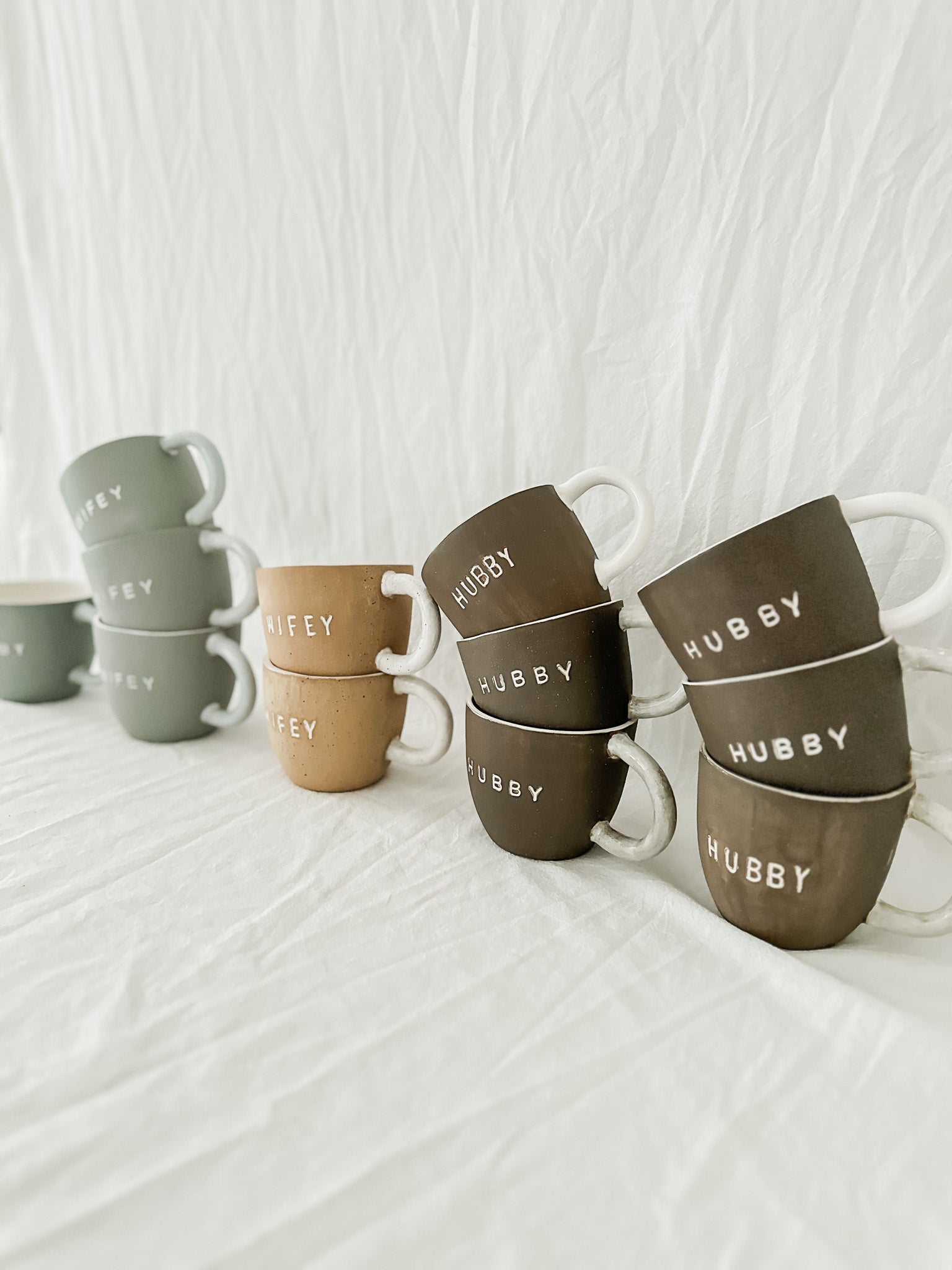 Handmade Hubby and Wifey ceramic mugs, fully functional seconds sale