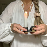 Handmade primitive ceramic taper candle holder in a neutral glaze