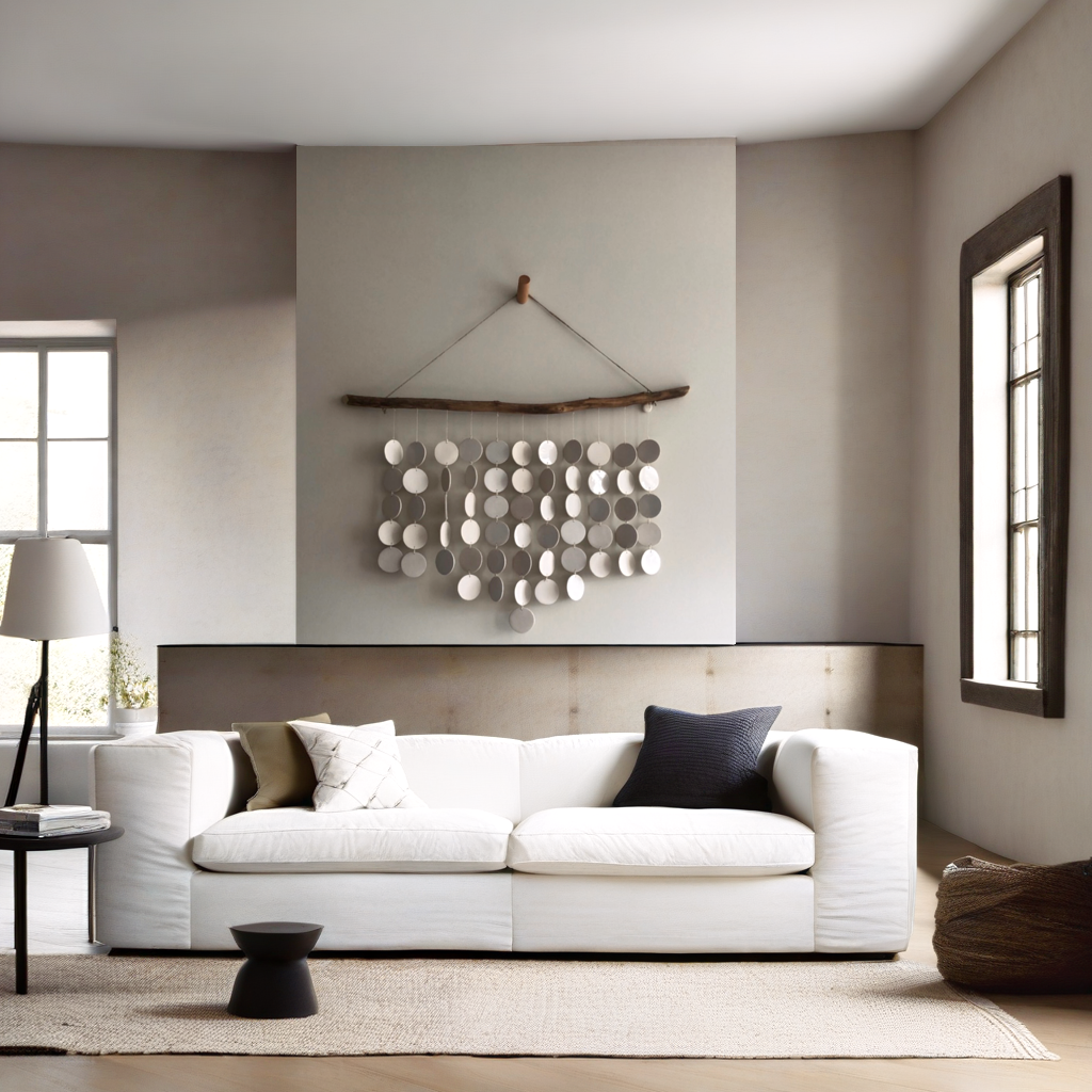Artistic wall hanging, gray and white ceramic discs, driftwood home decoration interior design wall art installation