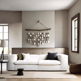 Artistic wall hanging, gray and white ceramic discs, driftwood home decoration interior design wall art installation