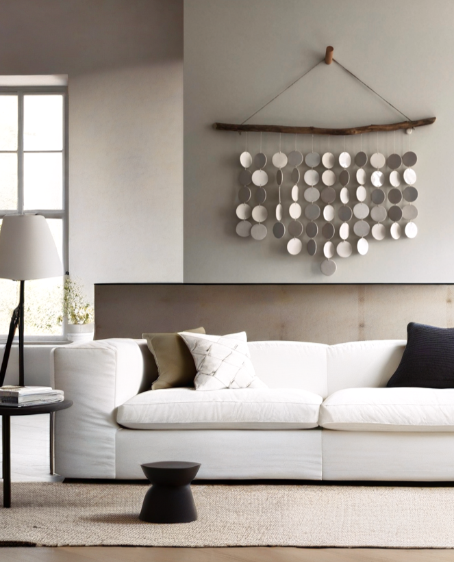 Modern coastal wall decor with natural driftwood and ceramic discs, wabi sabi  style