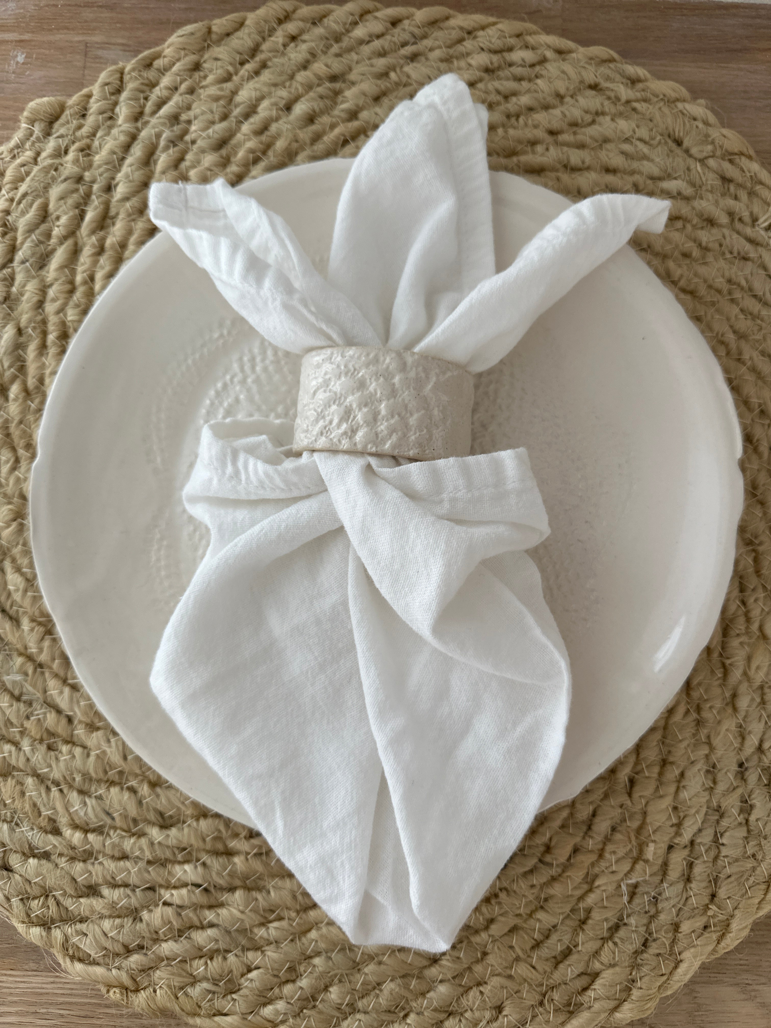 Handmade lace-textured white stoneware dinnerware set