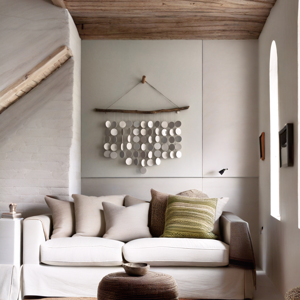 Artistic wall hanging with ceramic discs suspended from driftwood