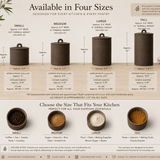 Size guide for the handmade ceramic kitchen canisters, showing small, medium, large and tall options with their dimensions and what each size holds — coffee, sugar, flour or pasta.