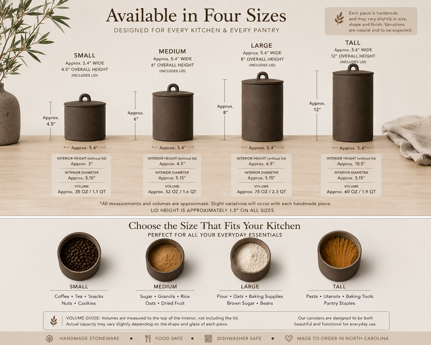 Size guide for the handmade ceramic kitchen canisters, showing small, medium, large and tall options with their dimensions and what each size holds — coffee, sugar, flour or pasta.