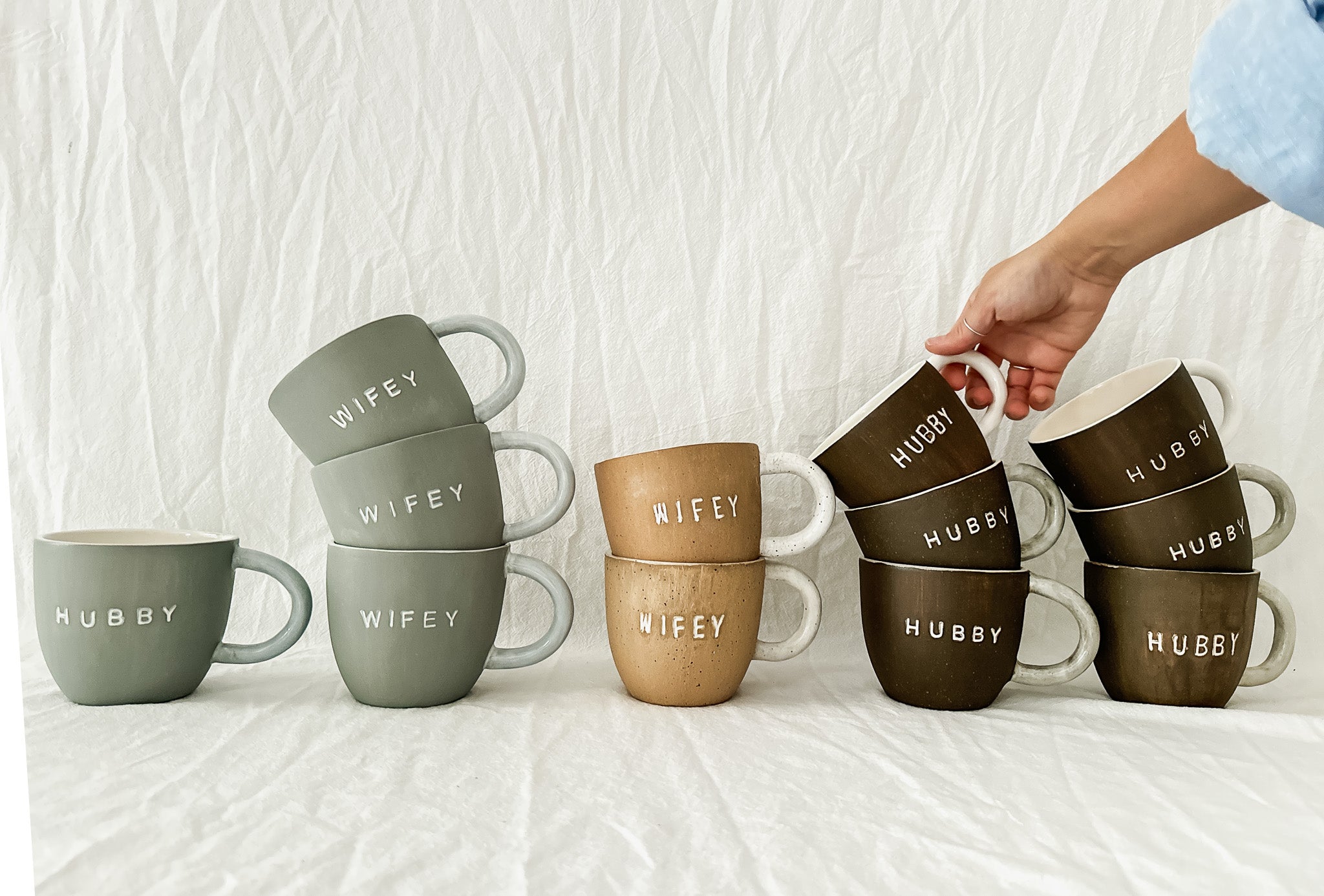 Handmade ceramic Hubby and Wifey mug pair, seconds sale