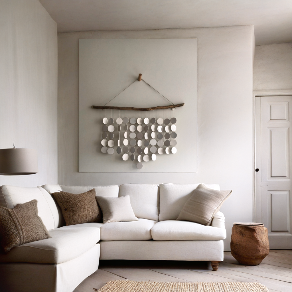 Neutral-colored ceramic disc wall hanging, rustic driftwood, beach house decor