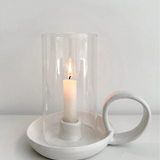 Handmade ceramic looped candle holder with a glass hurricane cover