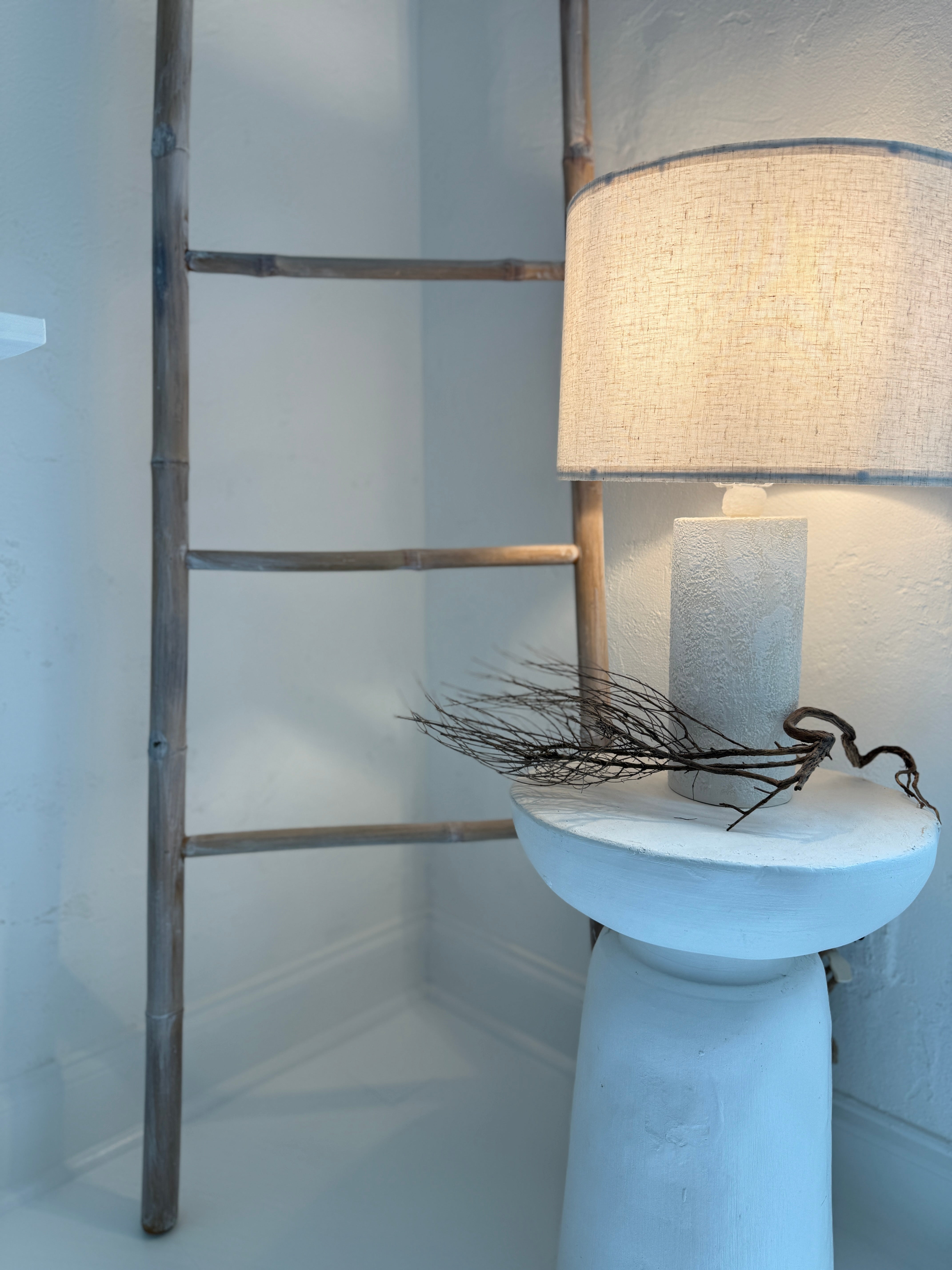Minimalist ceramic column table lamp in a neutral finish