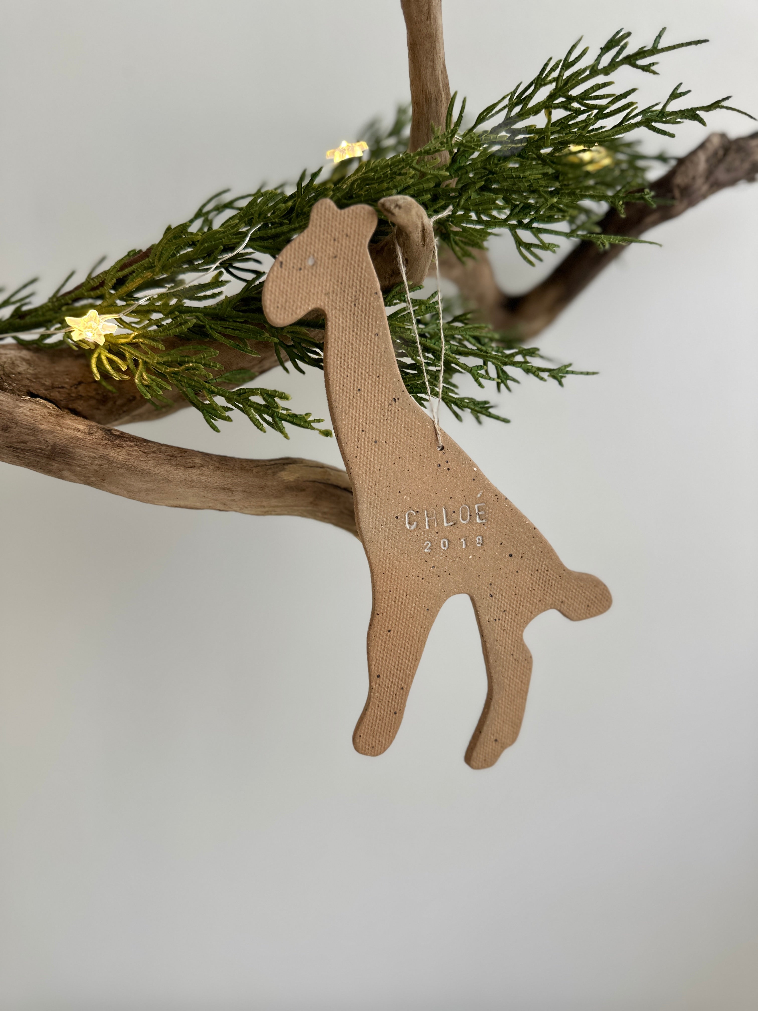 handcrafted pottery personalized name giraffe ornament for child 