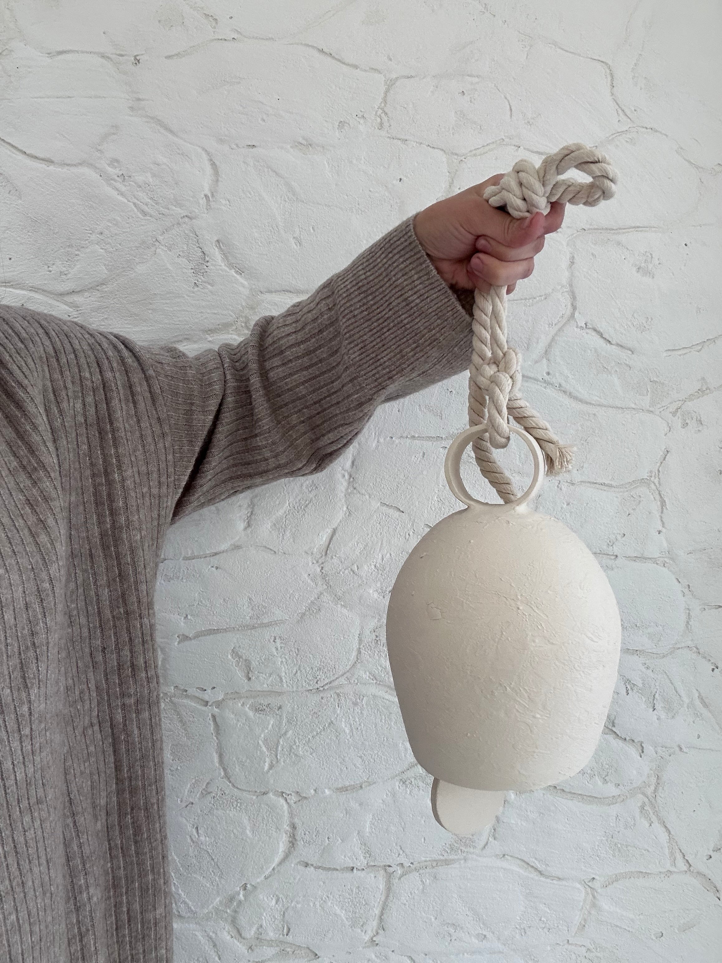 Handmade large round-handle ceramic bell with thick cotton rope