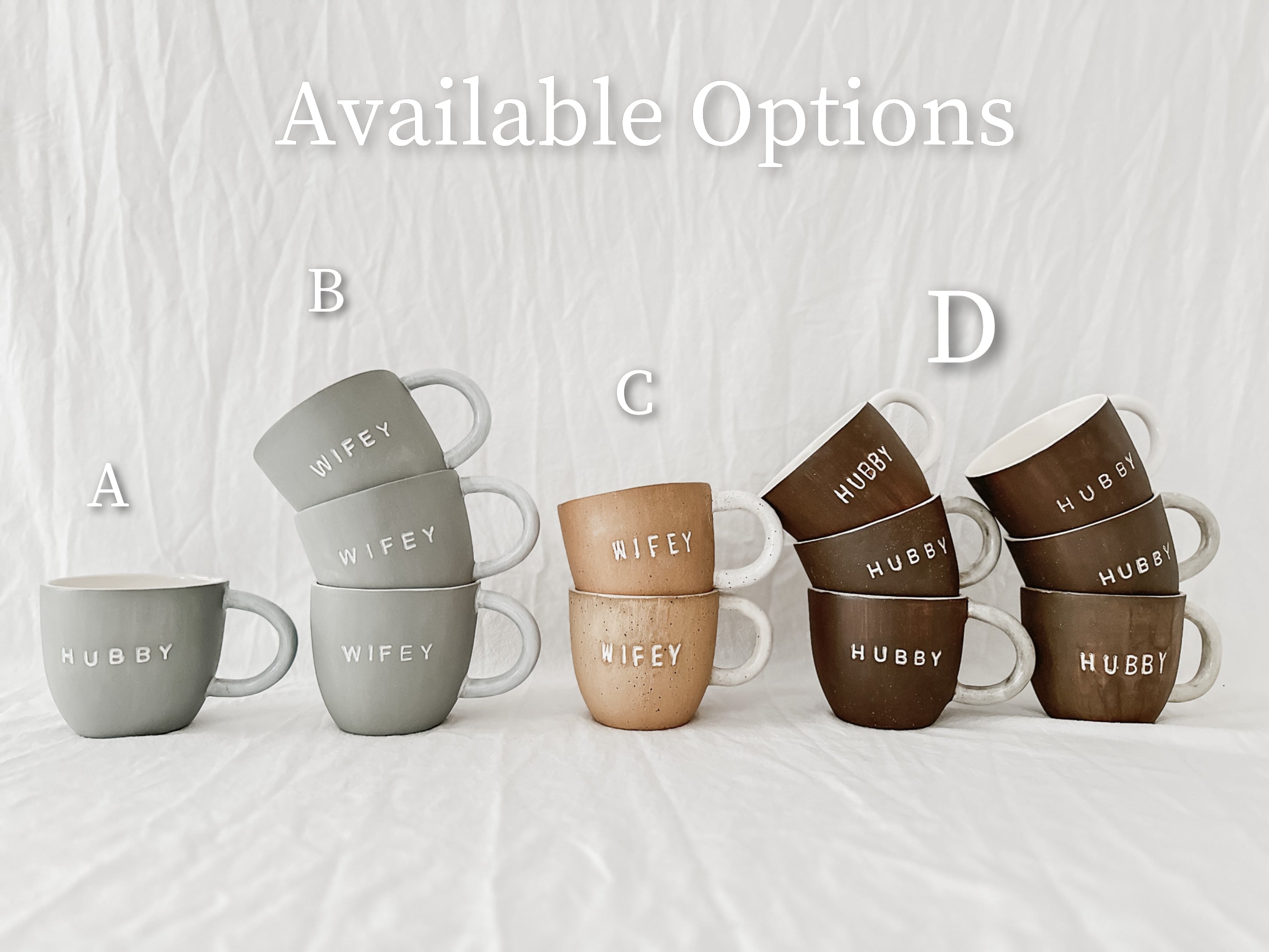 Pair of ceramic couple's mugs in neutral glazes, sample design