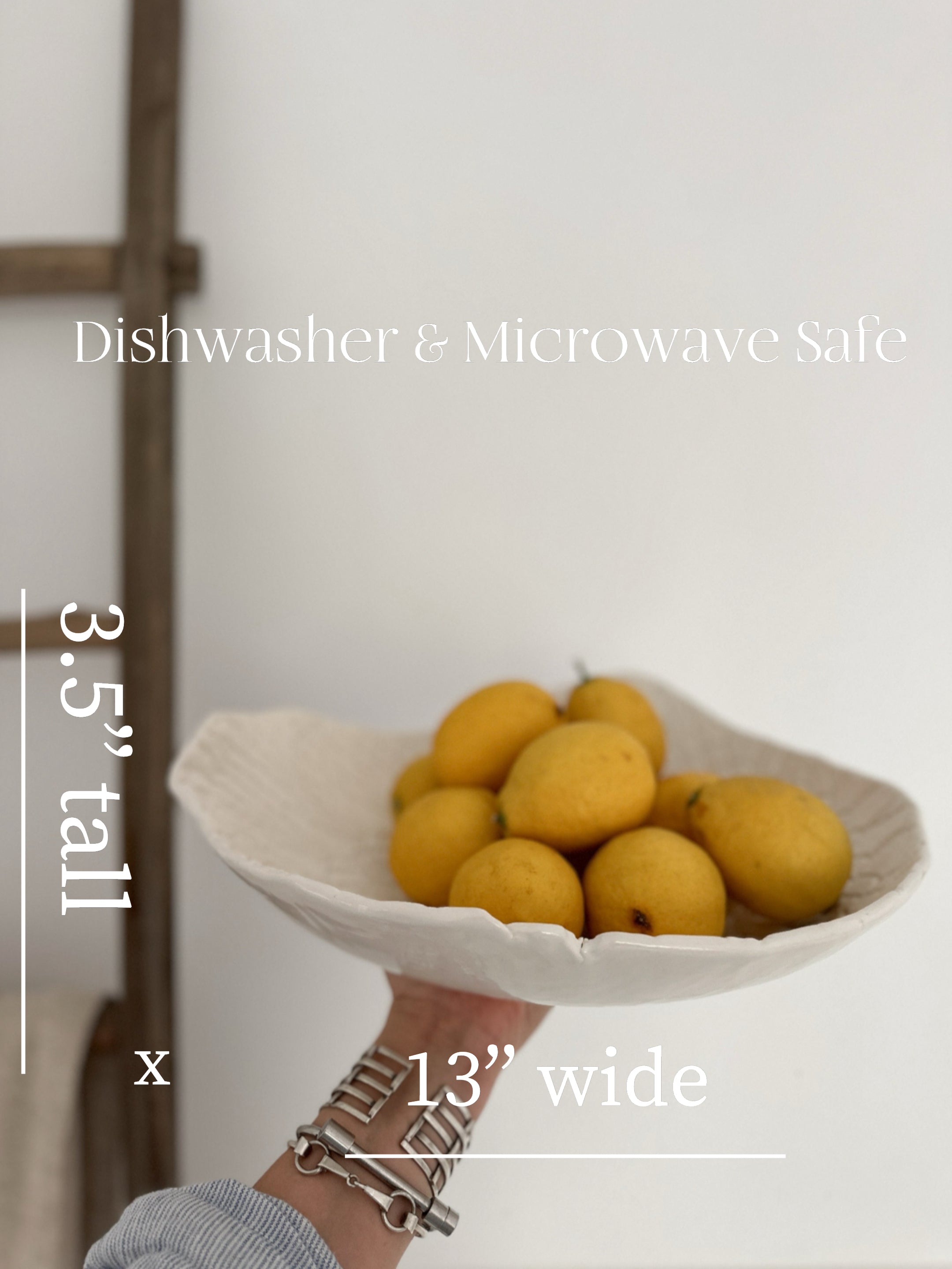 Handmade large ceramic serving bowl with a floral lace texture and glossy white glaze