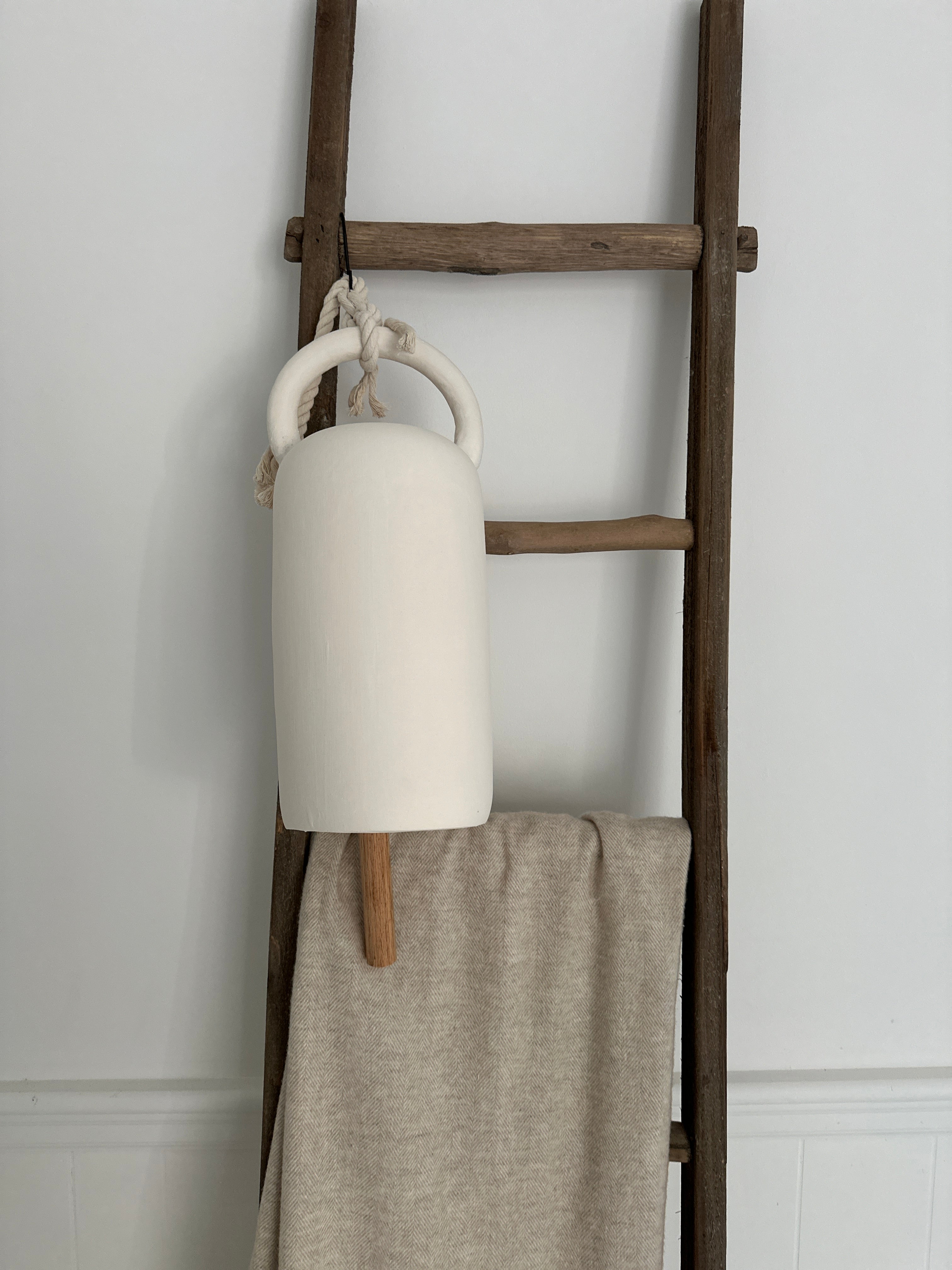 Handmade extra-large long ceramic bell with wooden ringer