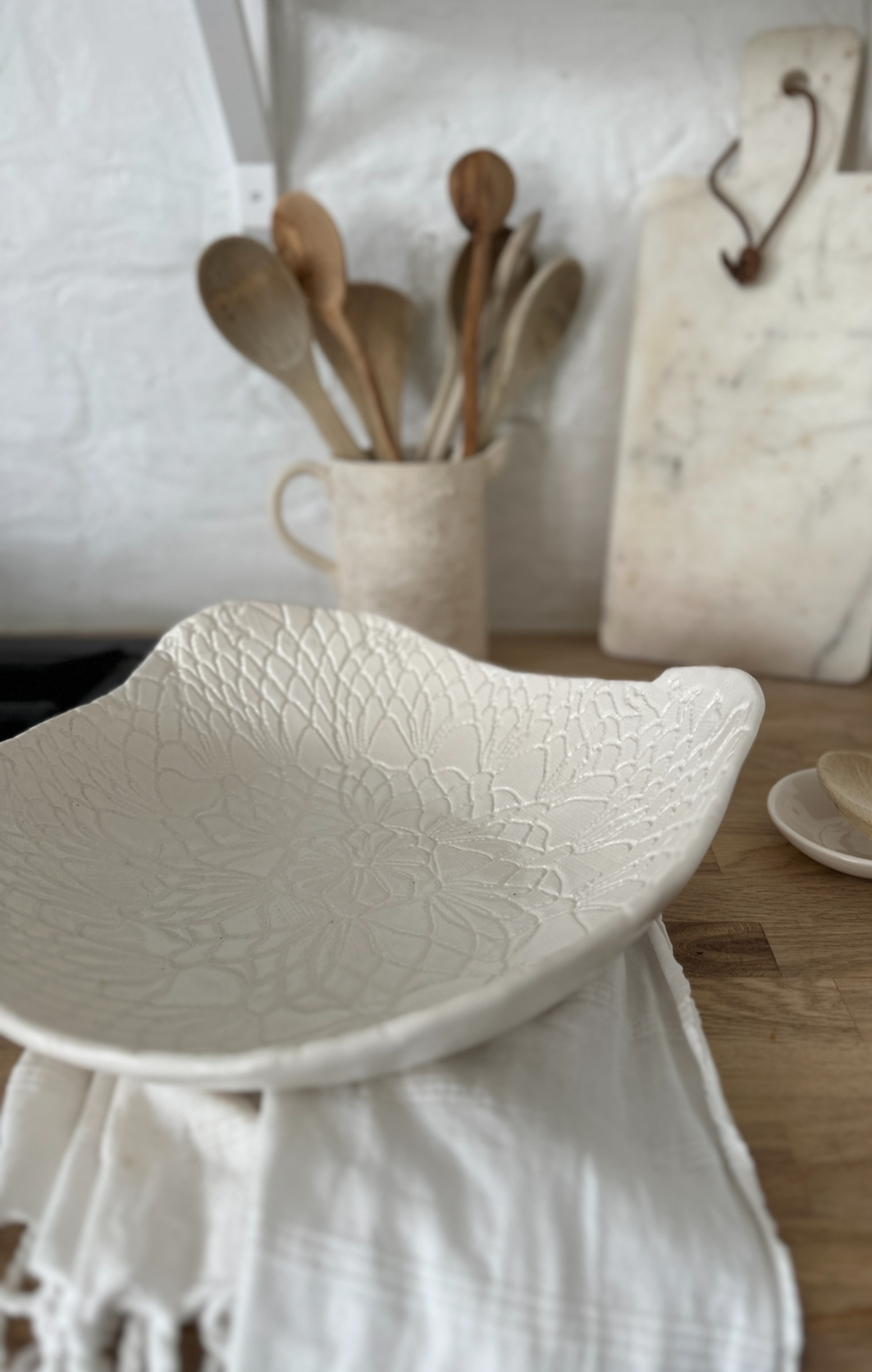 Handmade large lace-textured ceramic serving bowl by Muddy Heart