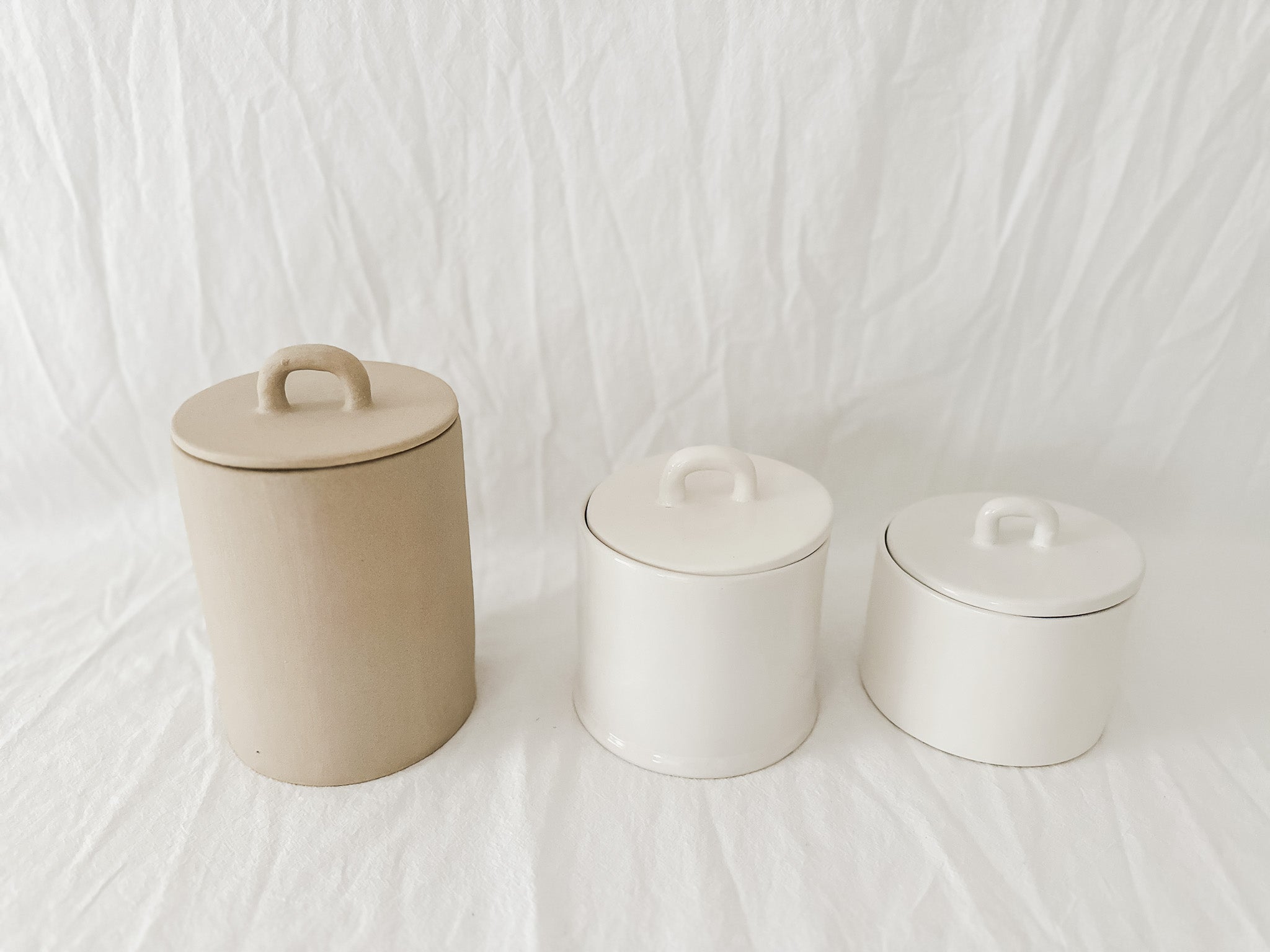 Lidded ceramic canister in a neutral glaze, seconds sale