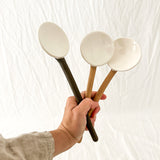 Handmade ceramic coffee and spice spoons in buff and espresso glazes, seconds-sale pieces from Muddy Heart