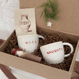 Pair of handmade ceramic mugs reading Naughty and Nice, paired with a hot cocoa and marshmallow mix.