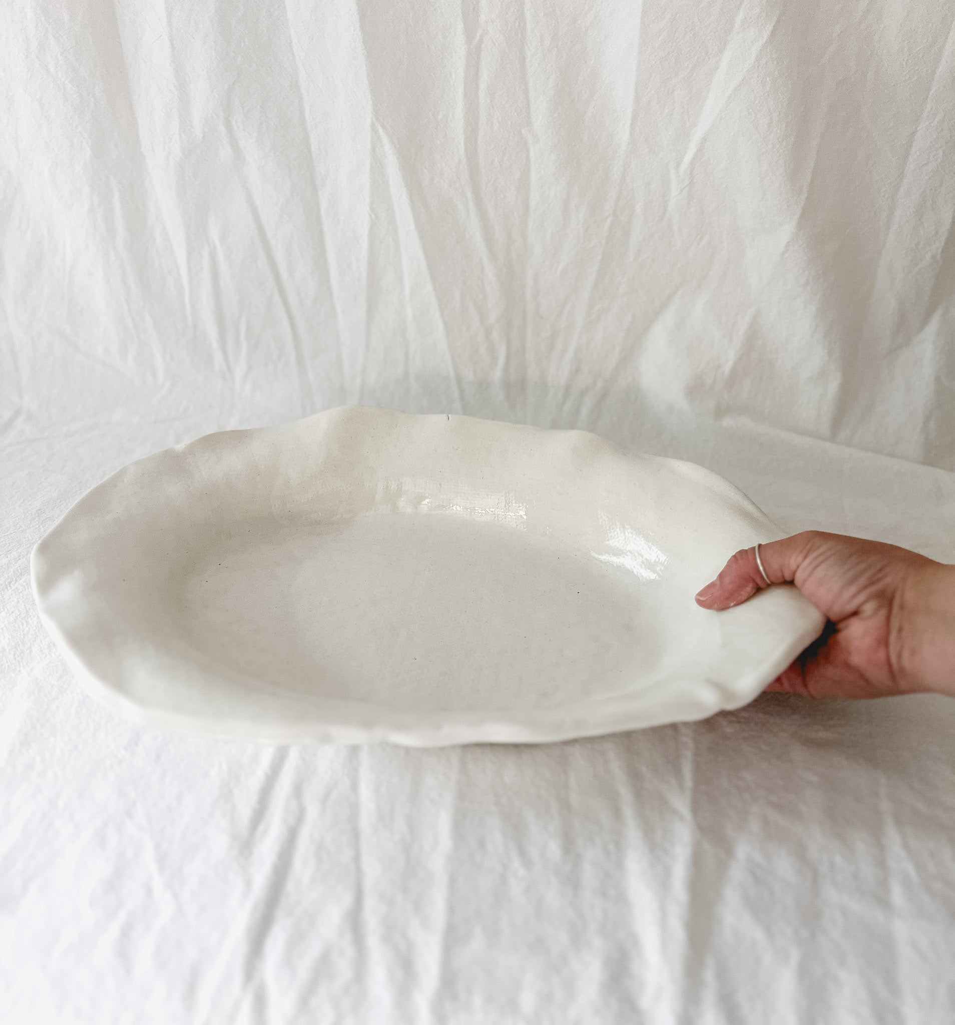 Large handmade rustic ceramic serving platter, 14 inches long, food-safe seconds-sale piece from Muddy Heart