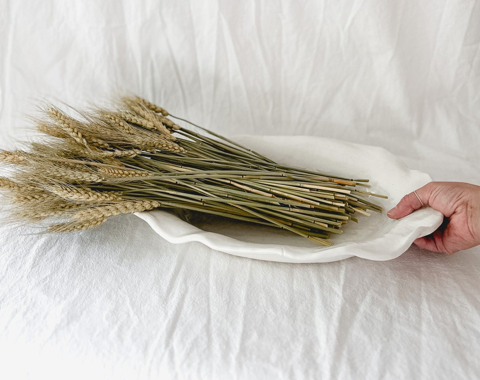 Large handmade rustic ceramic serving platter, 14 inches long, food-safe seconds-sale piece from Muddy Heart