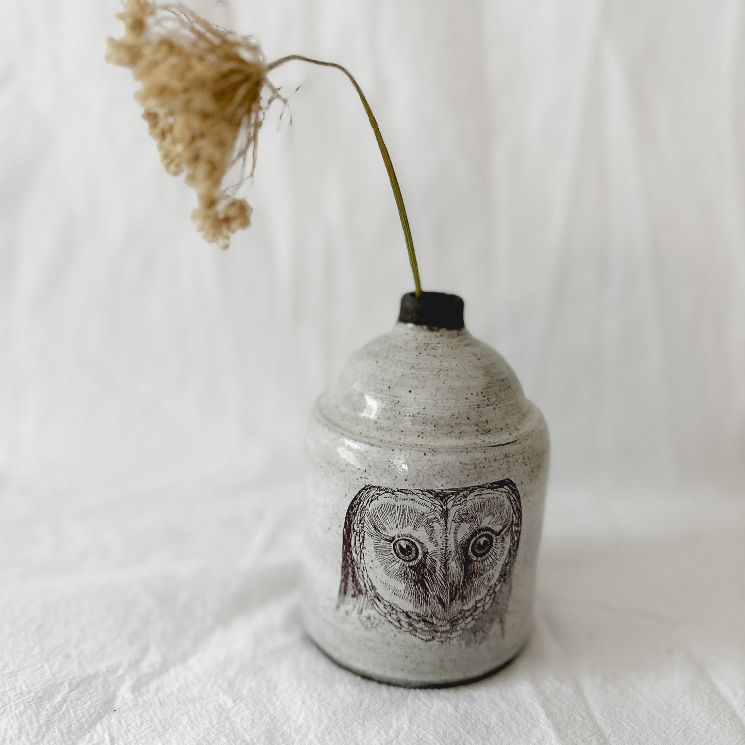 Handmade one-of-a-kind ceramic bud vase with owl illustrations, watertight, seconds-sale piece from Muddy Heart