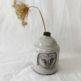 Handmade one-of-a-kind ceramic bud vase with owl illustrations, watertight, seconds-sale piece from Muddy Heart