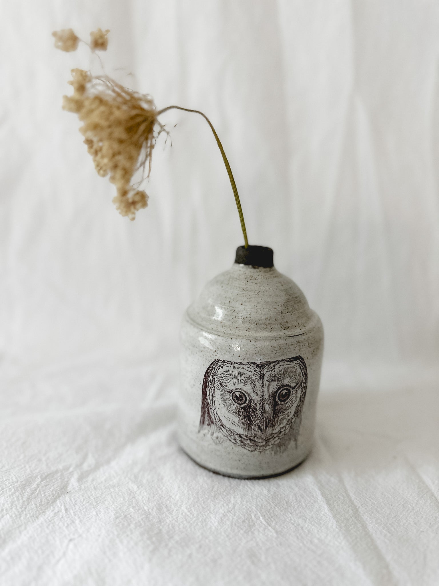 Handmade one-of-a-kind ceramic bud vase with owl illustrations, watertight, seconds-sale piece from Muddy Heart
