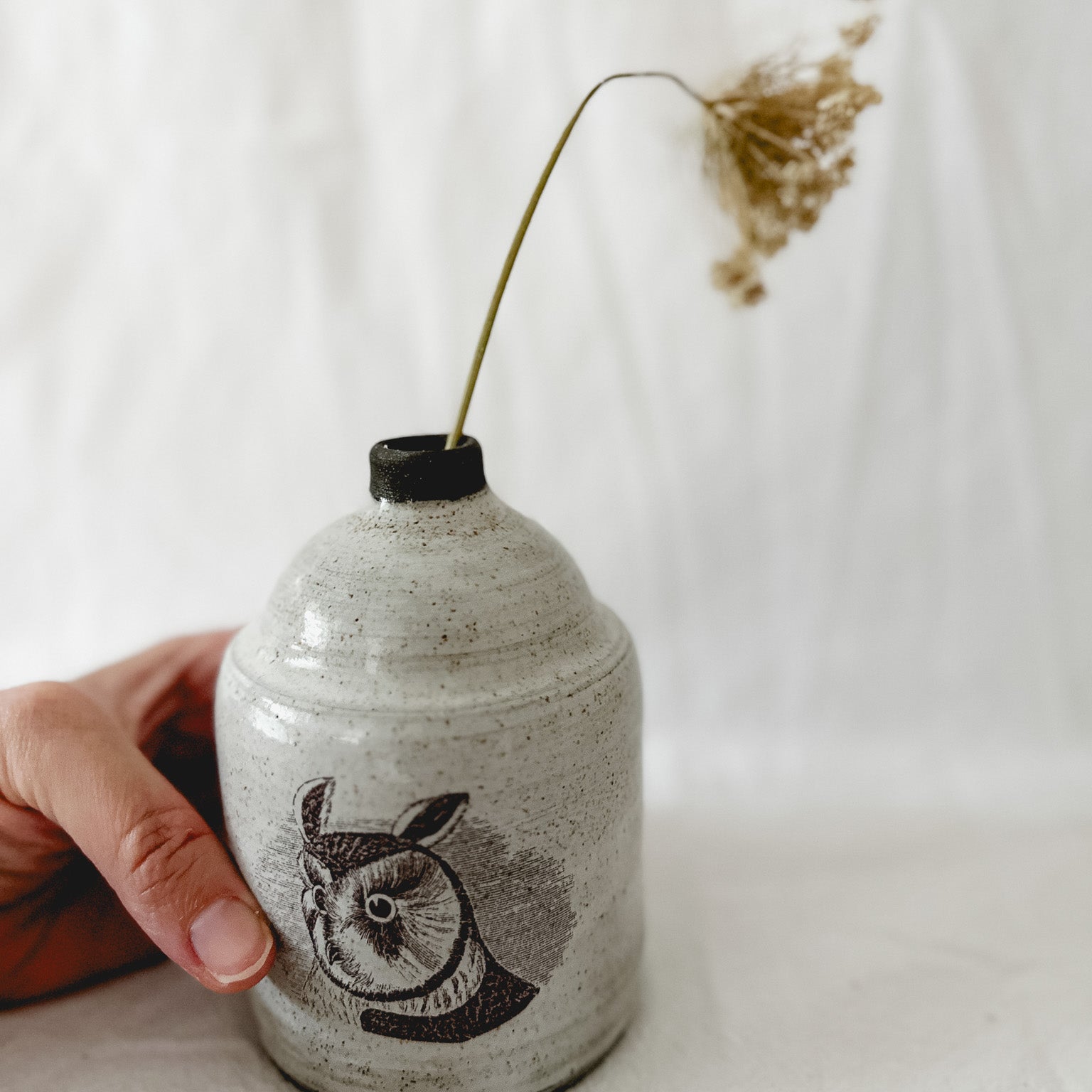 Handmade one-of-a-kind ceramic bud vase with owl illustrations, watertight, seconds-sale piece from Muddy Heart