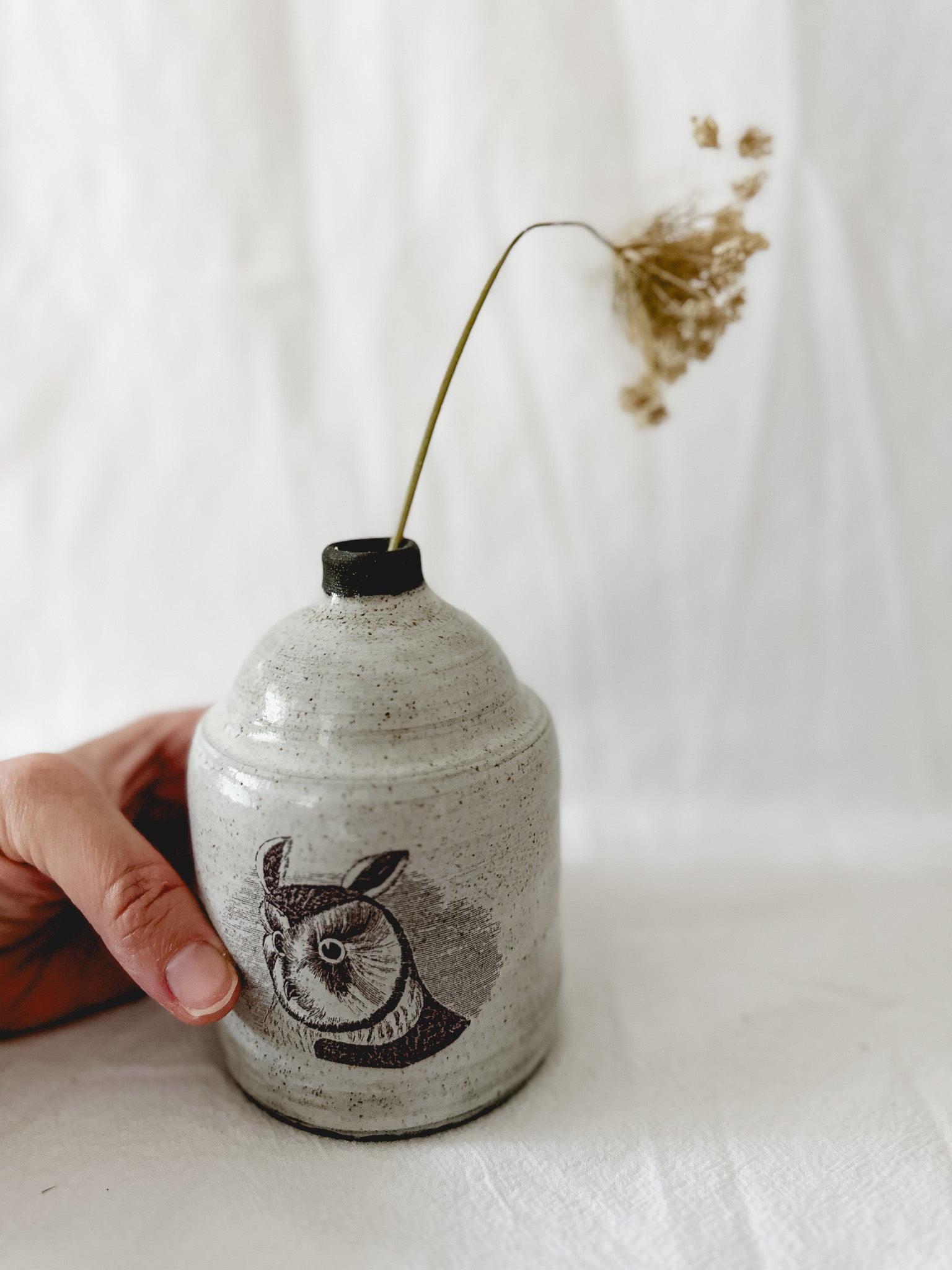 Handmade one-of-a-kind ceramic bud vase with owl illustrations, watertight, seconds-sale piece from Muddy Heart
