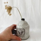 Handmade one-of-a-kind ceramic bud vase with owl illustrations, watertight, seconds-sale piece from Muddy Heart