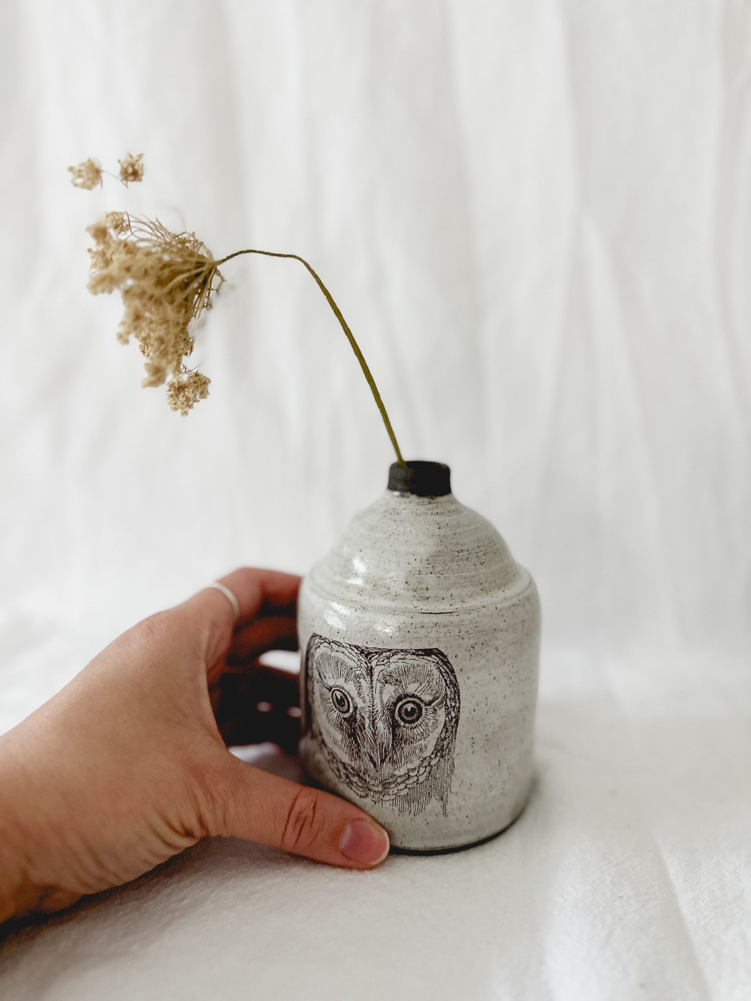 Handmade one-of-a-kind ceramic bud vase with owl illustrations, watertight, seconds-sale piece from Muddy Heart