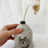 Handmade one-of-a-kind ceramic bud vase with owl illustrations, watertight, seconds-sale piece from Muddy Heart