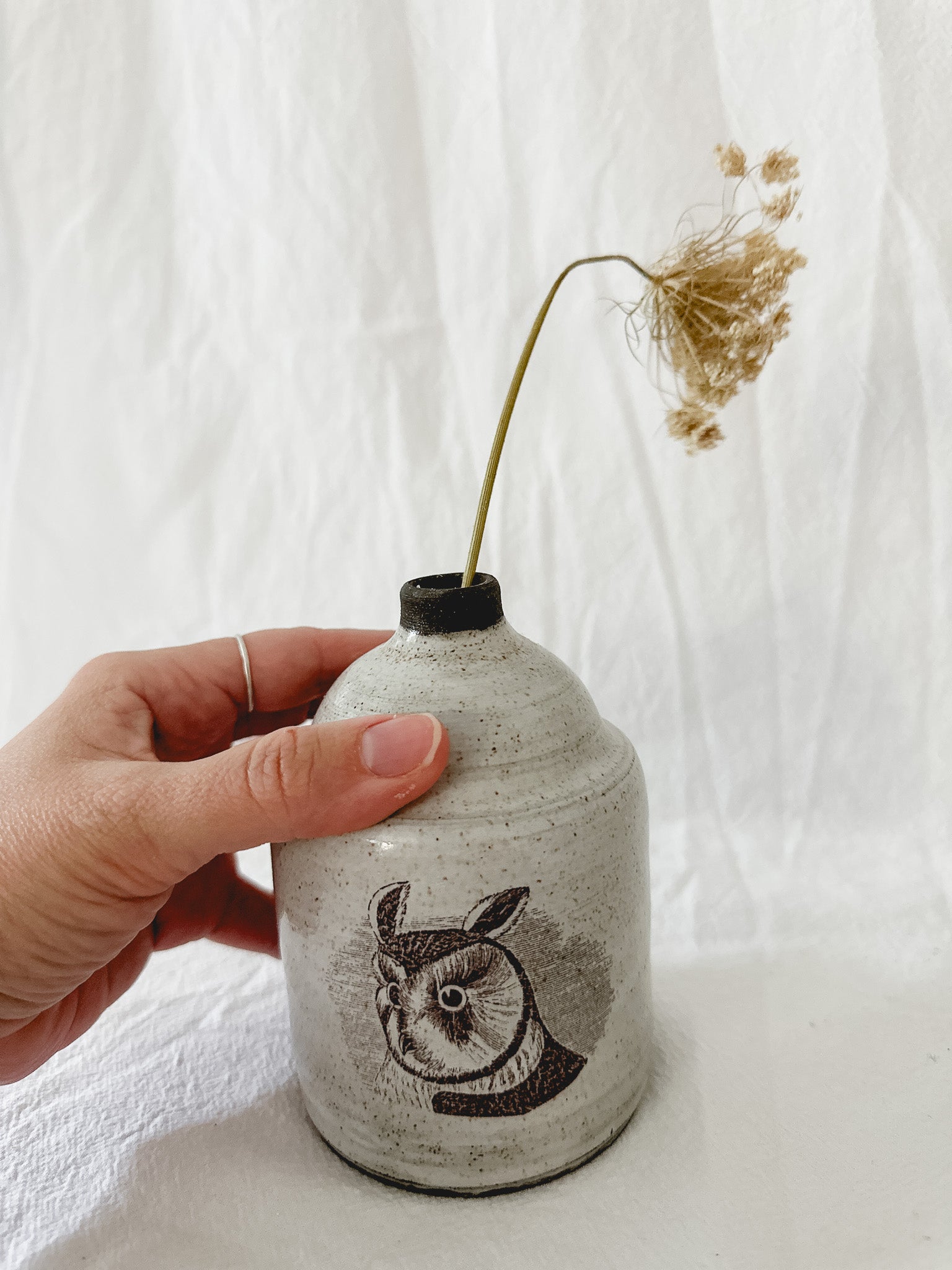 Handmade one-of-a-kind ceramic bud vase with owl illustrations, watertight, seconds-sale piece from Muddy Heart