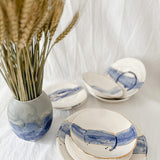 Watercolor cobalt ceramic dinnerware piece with a gold luster edge, handmade
