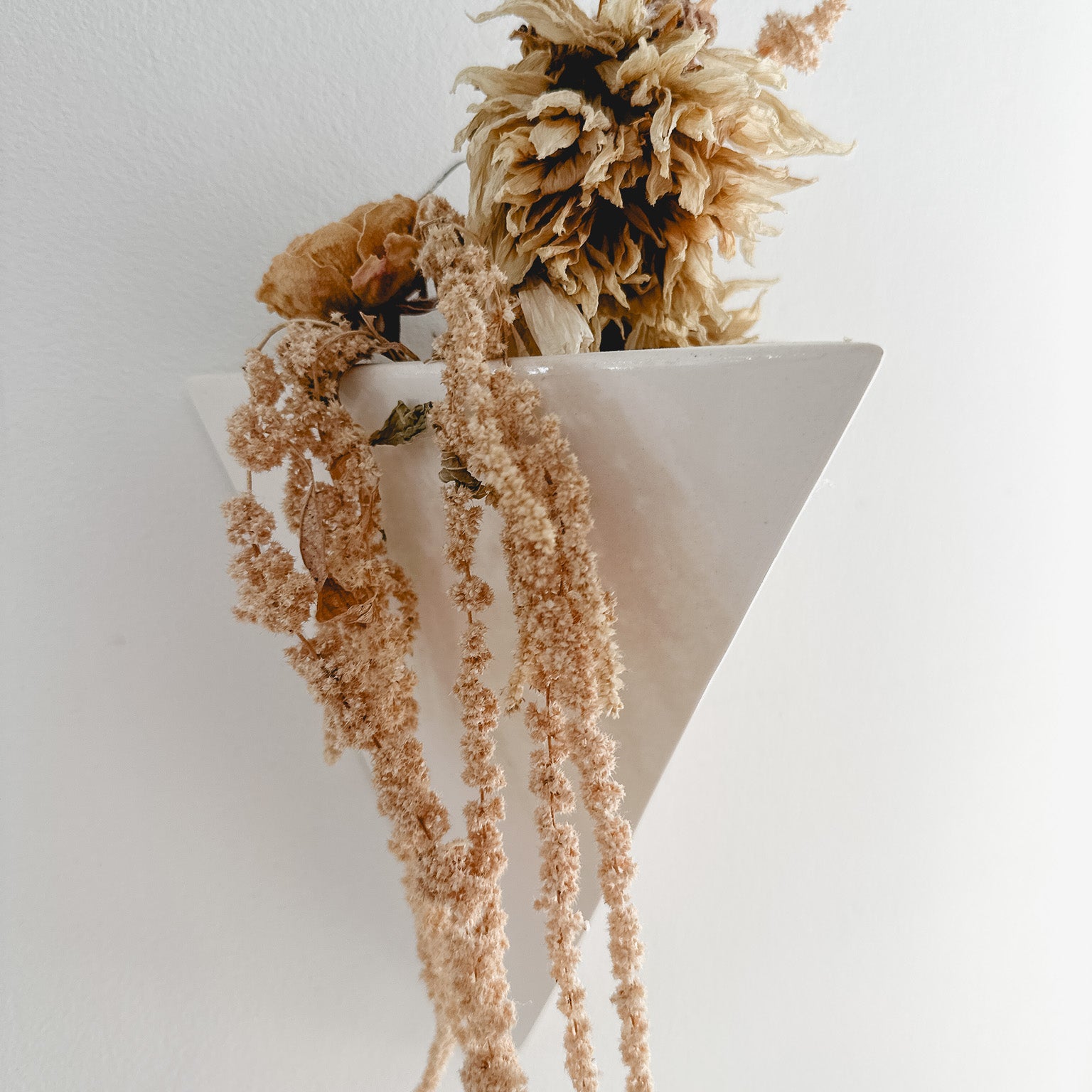 Handmade gloss white ceramic pyramid wall planter, watertight, for plants or dried flowers, seconds-sale piece from Muddy Heart