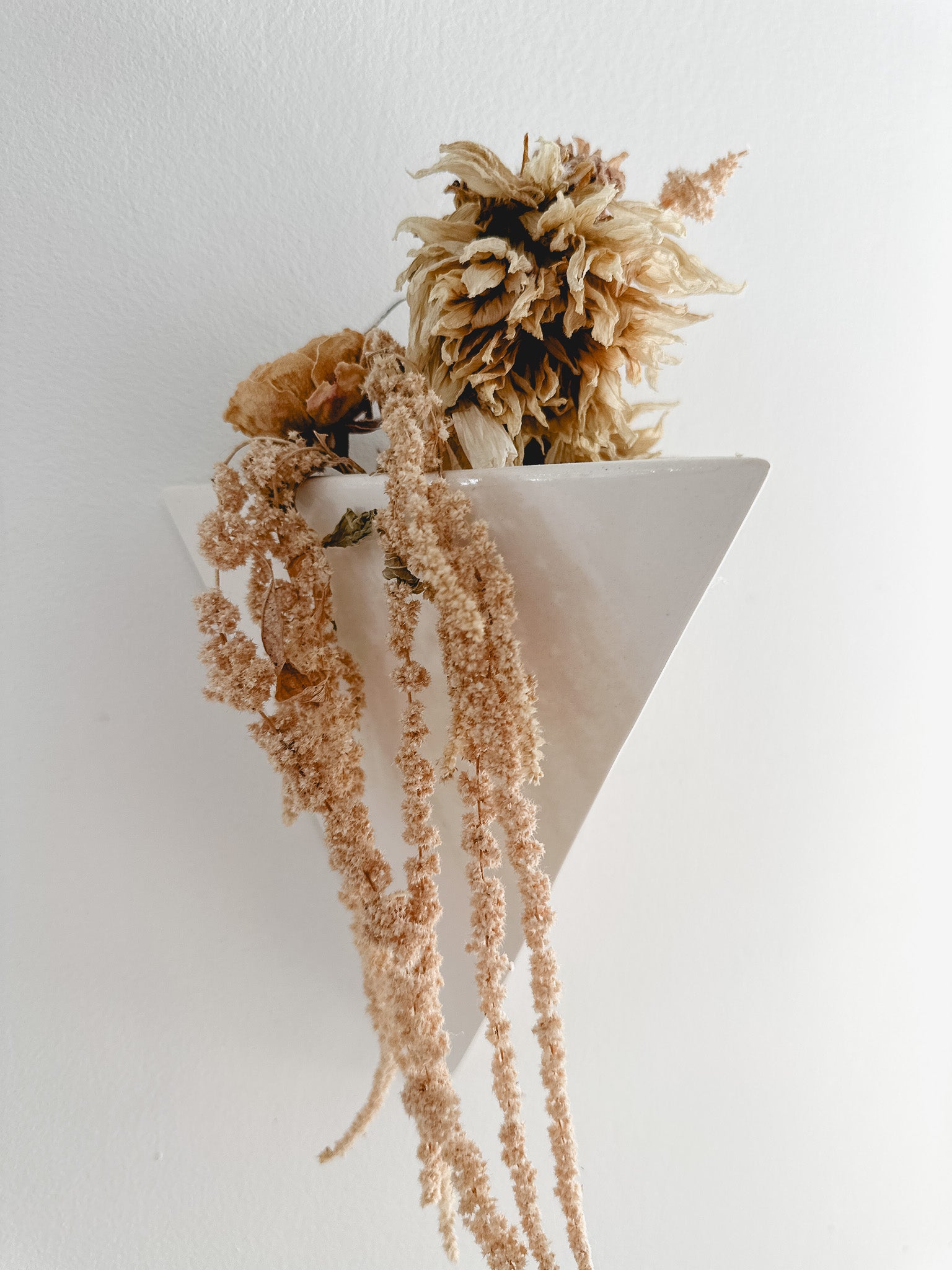 Handmade gloss white ceramic pyramid wall planter, watertight, for plants or dried flowers, seconds-sale piece from Muddy Heart