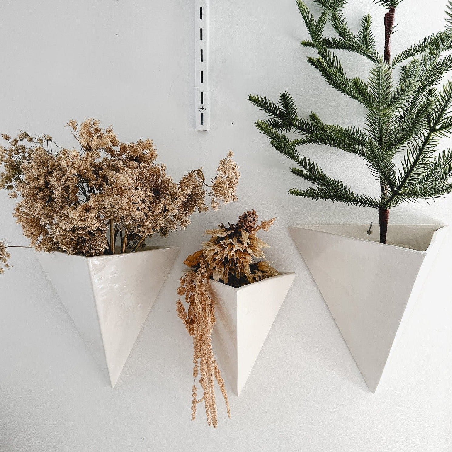 Handmade gloss white ceramic pyramid wall planter, watertight, for plants or dried flowers, seconds-sale piece from Muddy Heart