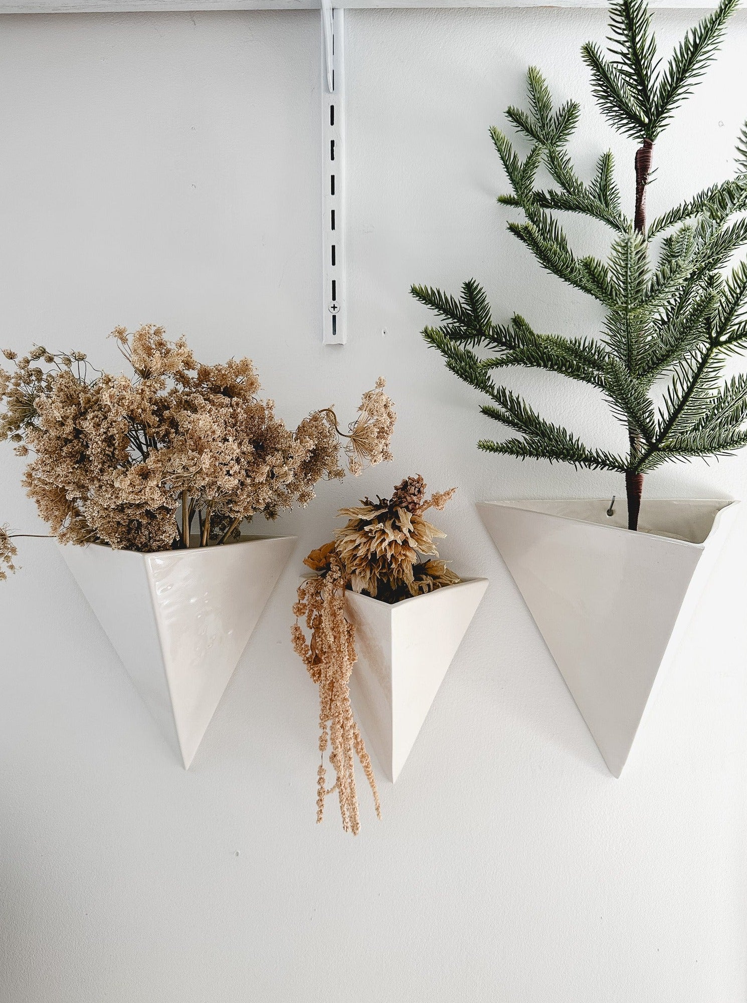 Handmade gloss white ceramic pyramid wall planter, watertight, for plants or dried flowers, seconds-sale piece from Muddy Heart