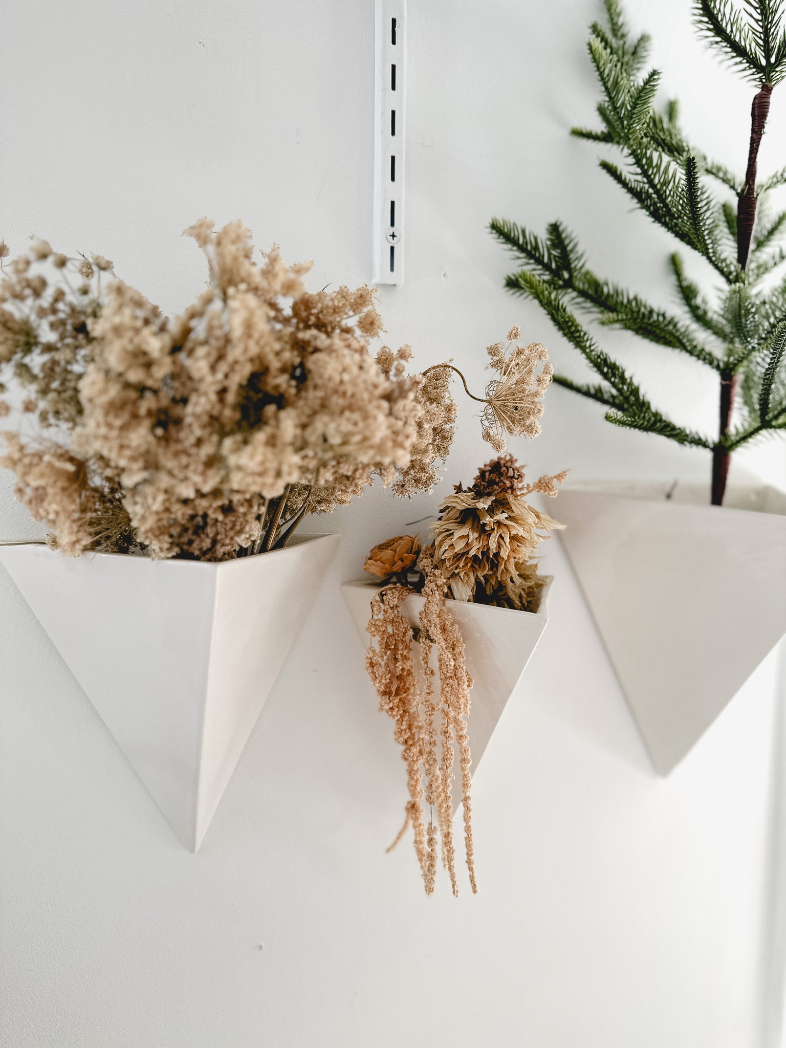 Handmade gloss white ceramic pyramid wall planter, watertight, for plants or dried flowers, seconds-sale piece from Muddy Heart