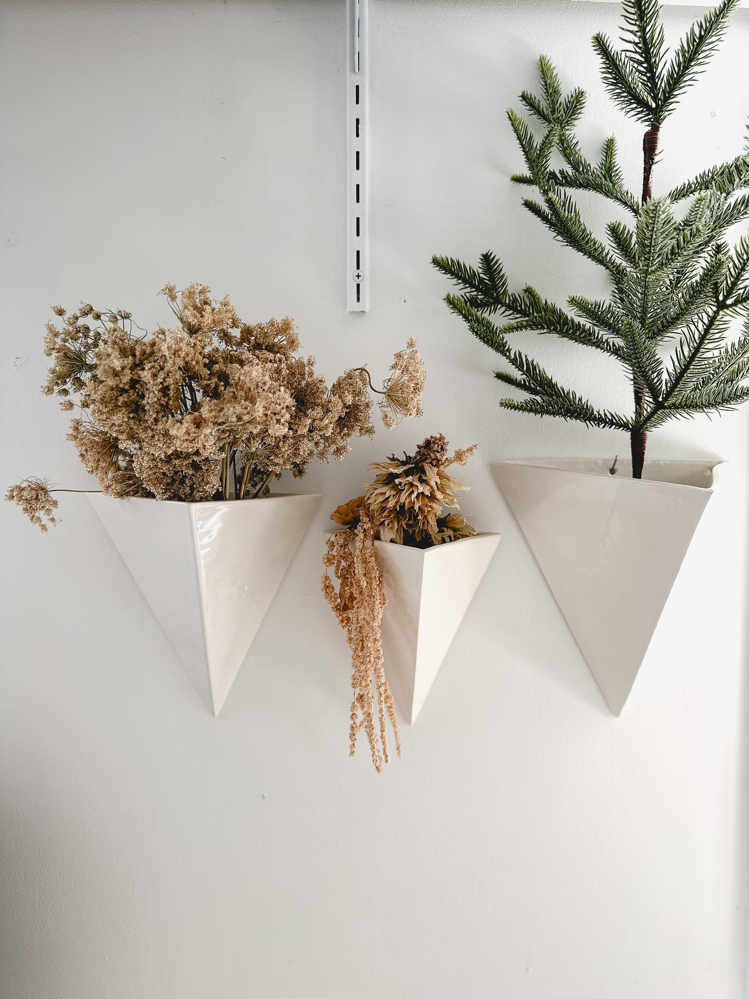 Handmade gloss white ceramic pyramid wall planter, watertight, for plants or dried flowers, seconds-sale piece from Muddy Heart