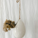 Handmade gloss white ceramic pod-shaped hanging vessel on an 18-inch rope, for flowers or trailing plants, seconds-sale piece from Muddy Heart