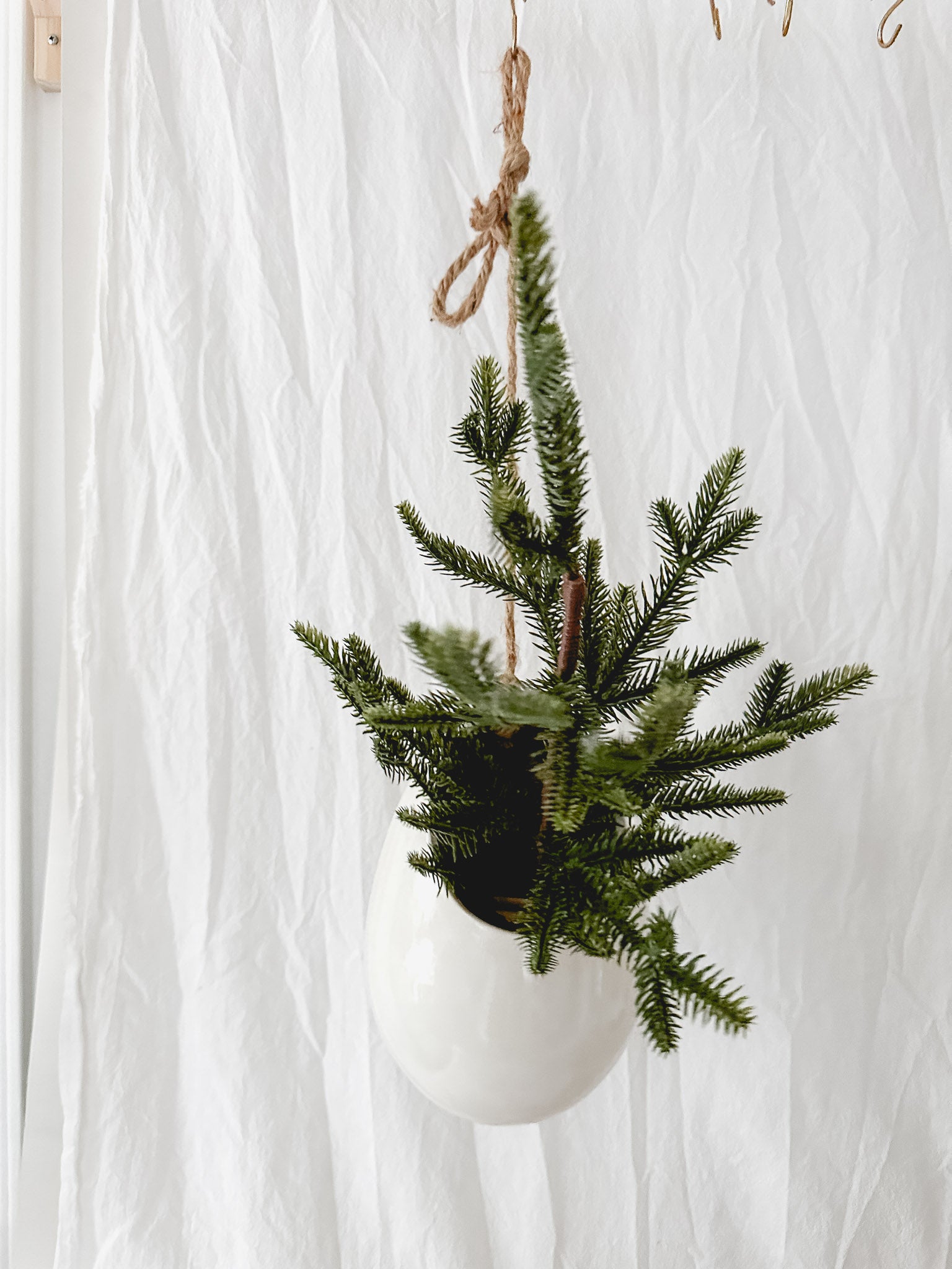 Handmade gloss white ceramic pod-shaped hanging vessel on an 18-inch rope, for flowers or trailing plants, seconds-sale piece from Muddy Heart