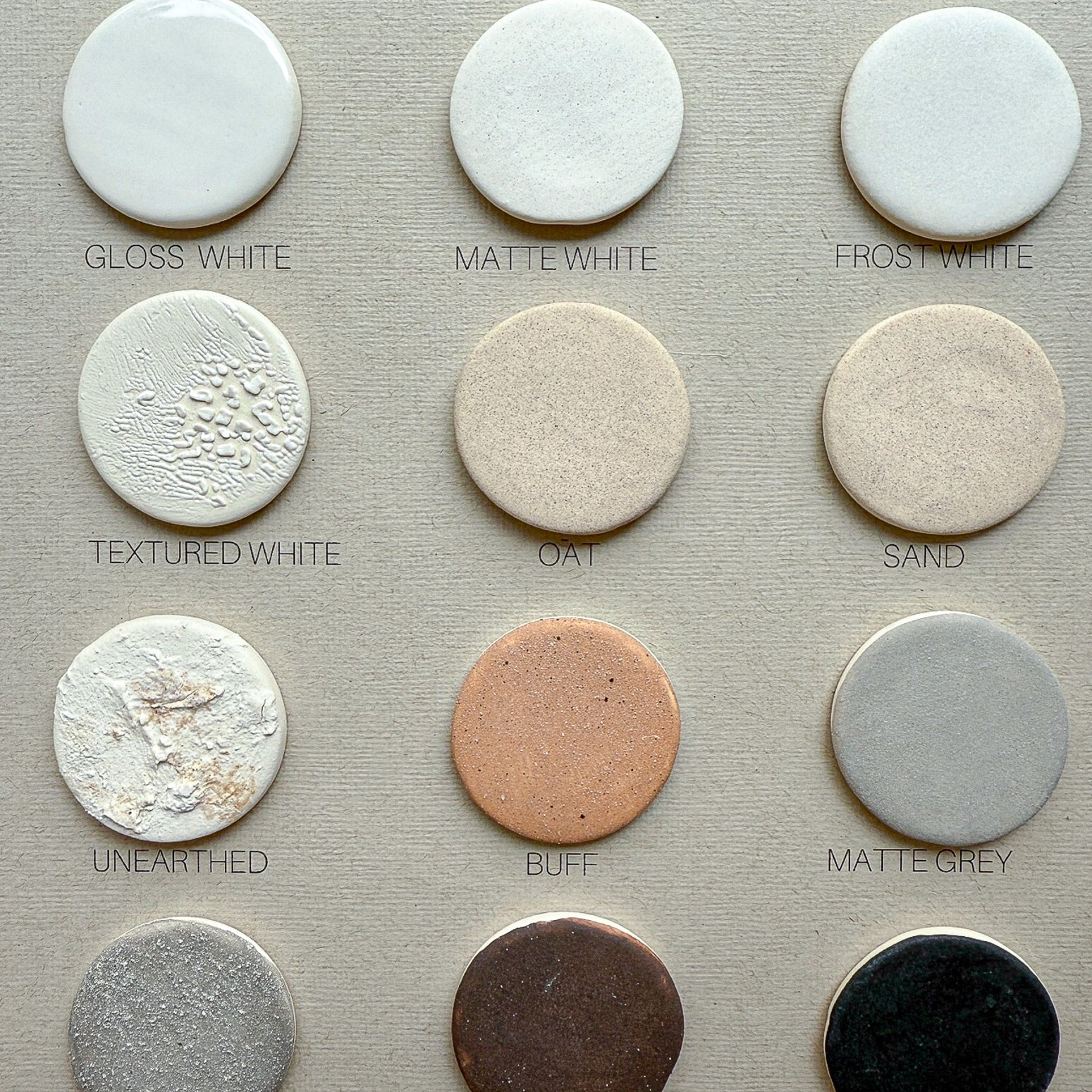 Muddy Heart glaze finish samples chart showing the neutral ceramic glaze color options