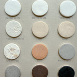Muddy Heart glaze finish samples chart showing the neutral ceramic glaze color options