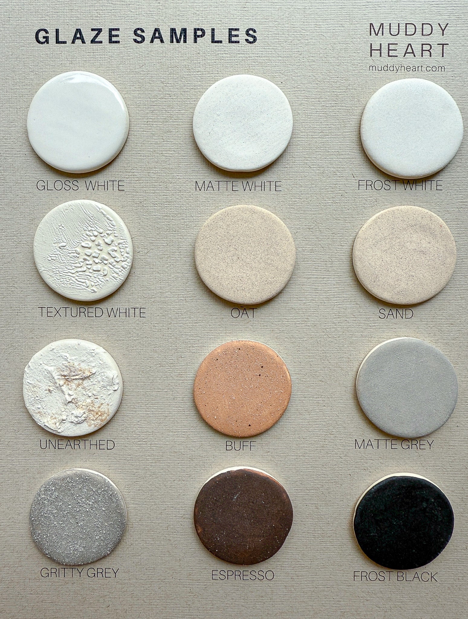 Muddy Heart glaze finish samples chart showing the neutral ceramic glaze color options